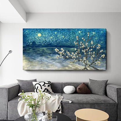 amatop Extra Large Wall Art Floral Tree Canvas Print for Living Room Bedroom Office– Oversized Plum Blossom Lake Landscape Picture Modern Blue Teal Nature Artwork Decor 58x29 Inch