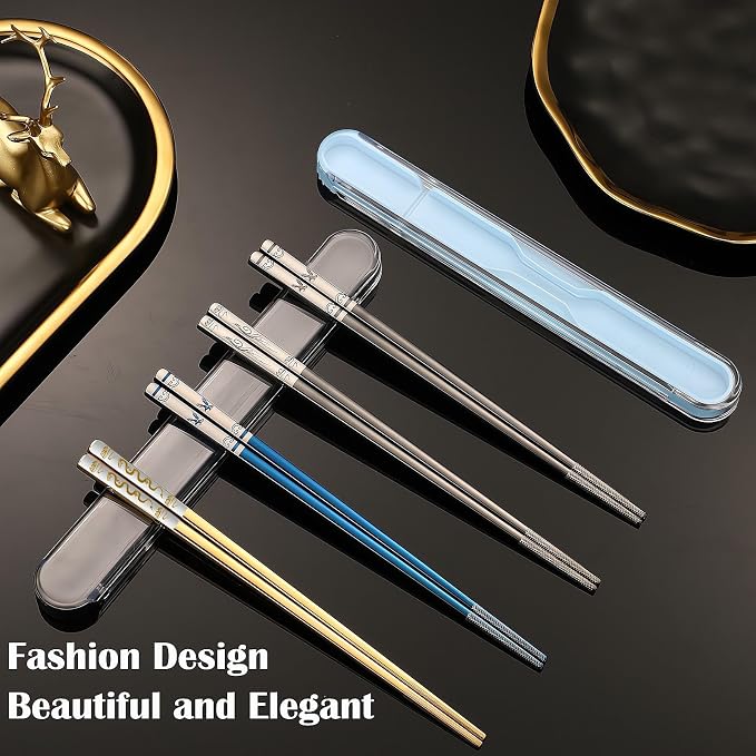 Portable Chopsticks, 2PC Black Eagle,18/8 Stainless Steel | Pull Design Case, Titanium Plated, Reusable, Dishwasher Safe