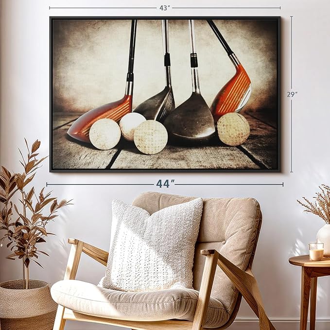 ElephantStock Golf Sets Wall Art - Horizontal Framed Canvas - 1-Piece Mancave Wall Decor - Photography Sports Canvas Print - Yellow and Brown Decor for Wall - 43" X 29"