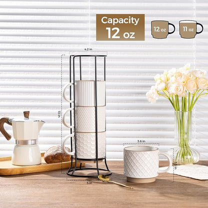 GBhome 12 OZ Stackable Coffee Mugs Set of 4, Ceramic White Coffee Cups Set | Coffee Mugs With Stand, Dishwasher&Microwave Safe, 4 Assorted Designs