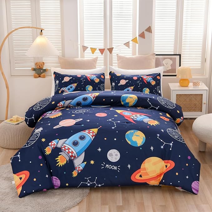 Aimuan Space Bedding Set Kid Rocket Comforter Set Full Size Super Soft & Cute Aliens UFO Printed Quilt Set for Teen Boys Girls (Navy, Full)