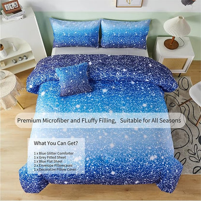 RYNGHIPY 6Pcs Gradient Aqua Blue Navy Ombre Comforter Sets with Sheets Pillowcases, Queen Size Sparkle Glitter Design Comforter Bedding Collections for Kids Boys and Girls