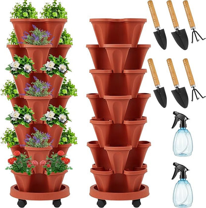 Umigy 2 Set of 7 Tier Vertical Planter Stackable Tower Planters Strawberry Herb Flower and Vegetable Pots Indoor Outdoor Gardening Pots with Removable Wheels and Tools(Brick Red)