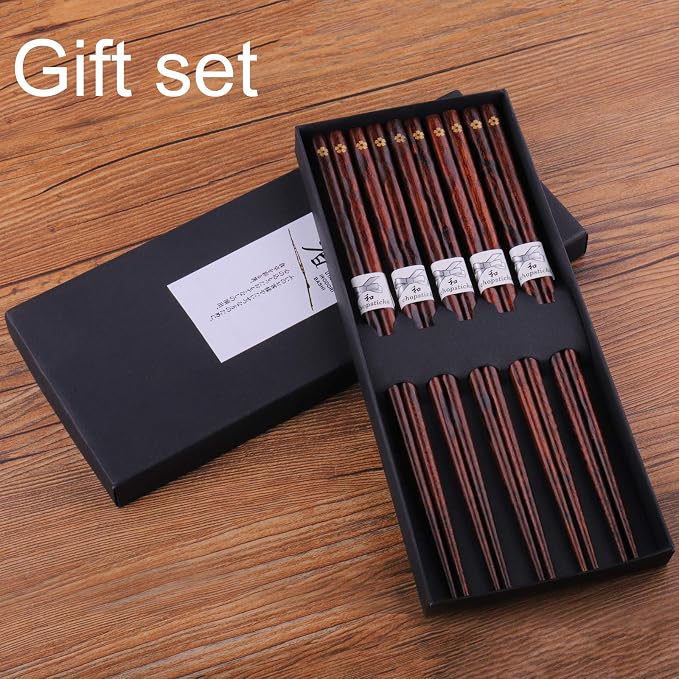 GLAMFIELDS Reusable Chopsticks Japanese Natural Wooden Classic Style 5 Pairs Lightweight Hand-Carved Safe Chop Sticks 8.8 Inch/22.5cm Gift Set