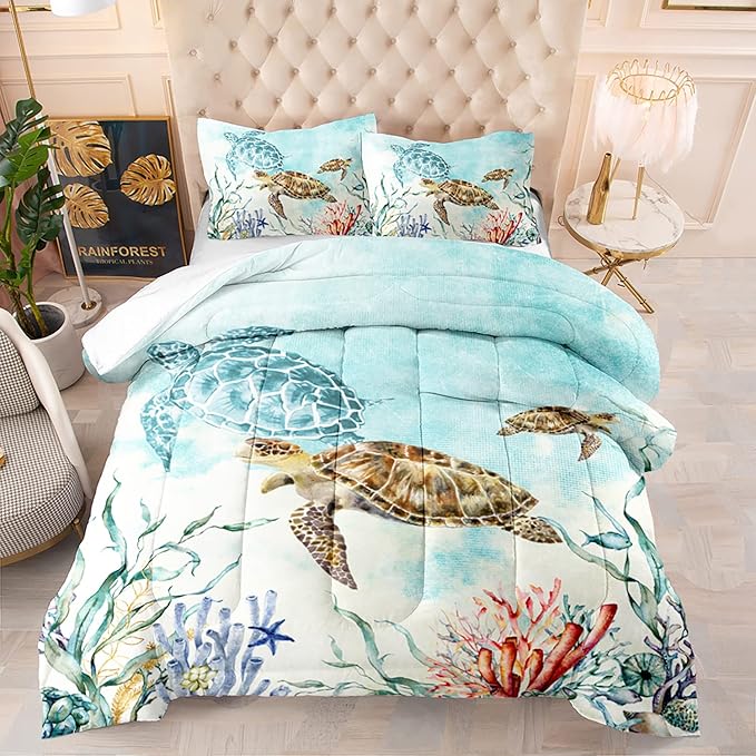 CVHOUSE Sea Turtle Comforter Set,Ocean Watercolor Sea Turtle Bedding Set for Kids Teens,Ocean Sea Turtle Comforter Sea Turtle Duvet Set Room Decor Quilt Set Full Size