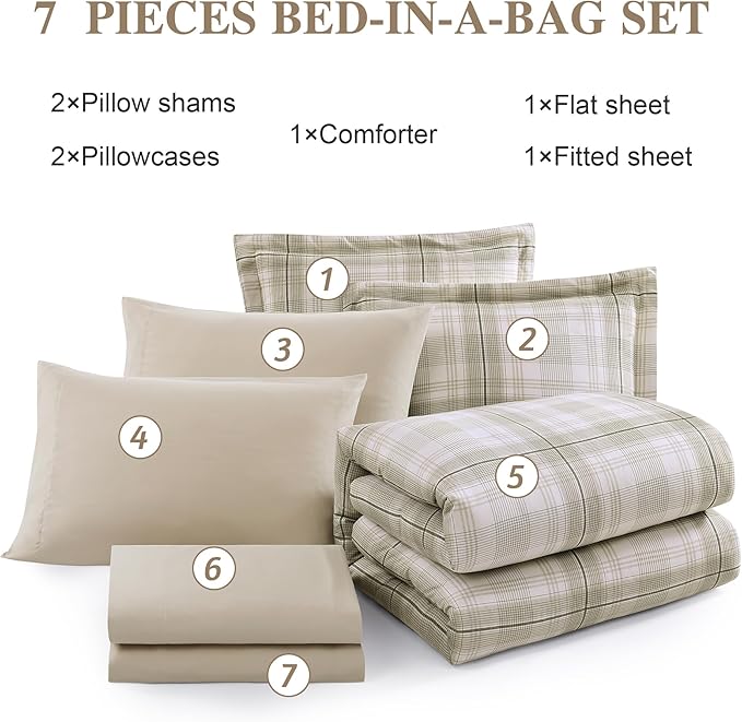 Beige Queen Bed Set, Khaki Green Plaid Comforters Queen Size for Boys & Girls,Classic Homestead-style Queen Size Comforter Sets with Sheets and Comforter Set