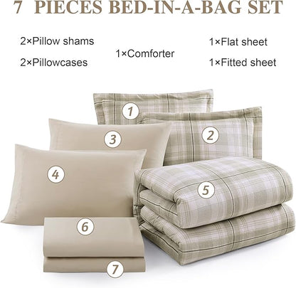 Beige Queen Bed Set, Khaki Green Plaid Comforters Queen Size for Boys & Girls,Classic Homestead-style Queen Size Comforter Sets with Sheets and Comforter Set