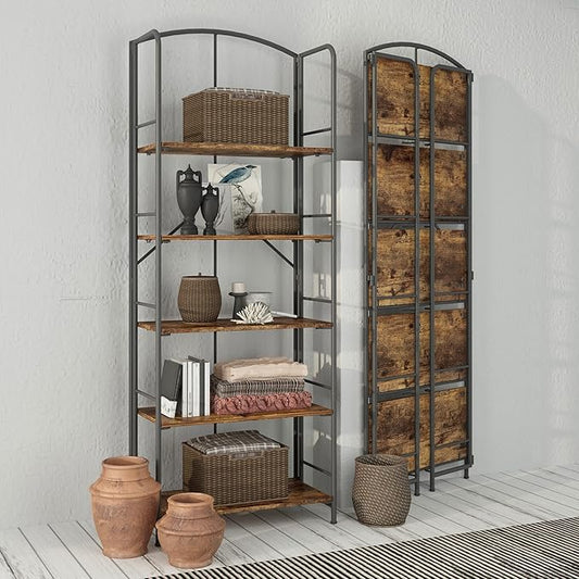 No Assembly Folding Bookshelf, Metal Book Shelf for Storage, Folding Bookcase for Office Organization and Storage (Firestone, 5 Tiers)