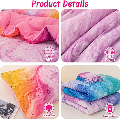 4 Pcs Tie Dye Full Comforter Set for Girls, Watercolor Marble Abstract Art Superior Kids Bedding Sets Full Size, Pink Purple Blue Colorful Teenage Girls Comforter Sets