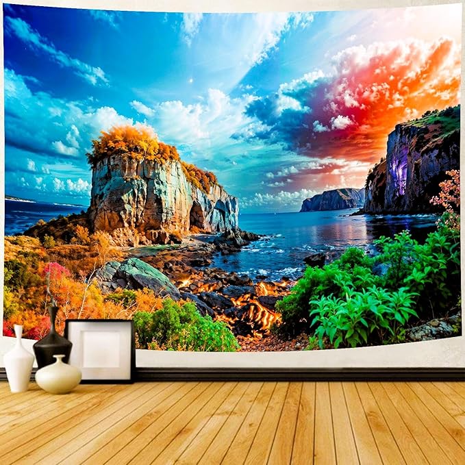 Delur Coastal Ocean Beach Tapestry Tropical Forest Tree Sunrise Sea Landscape Tapestry Wall Hanging Wave Sunset Nature Colorful Spiritual Headboard for Bedroom Living Room Home Decor (59.1" x 78.7")
