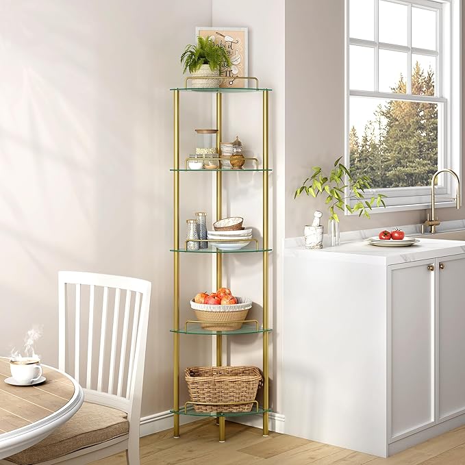 5-Tier Corner Shelf Stand, Gold Corner Bookshelf, Bathroom Organizer, Plant Stand, Tempered Glass Shelves, Modern Style for Living Room, Bedroom, Kitchen, Home Office, Metallic Gold