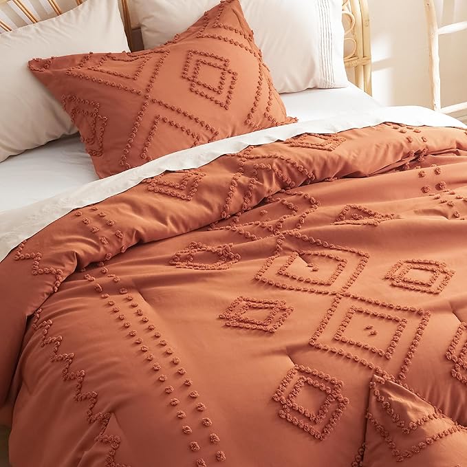 Bedsure Boho Comforter Set Twin - Terracotta Tufted Bedding Comforter Set, 2 Pieces Farmhouse Shabby Chic Embroidery Bedding Set, Soft Geometric Pattern Comforter for All Seasons