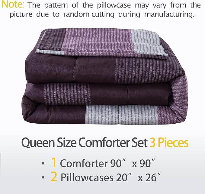 Andency Stripe Comforter Set Queen Size (90x90 Inch), 3 Pieces Purple and Gray Patchwork Striped Comforter, Soft Microfiber Down Alternative Comforter Bedding Set with Corner Loops