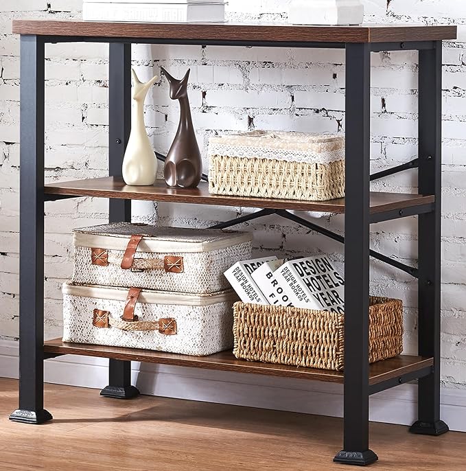 HOMBAZAAR Bookshelf, 3-Tier Vintage Industrial Book Shelf, Rustic Wood and Metal Bookcase and Bookshelves, Free Standing Storage Small Bookshelf for Living Room, Bedroom and Kitchen, Brown