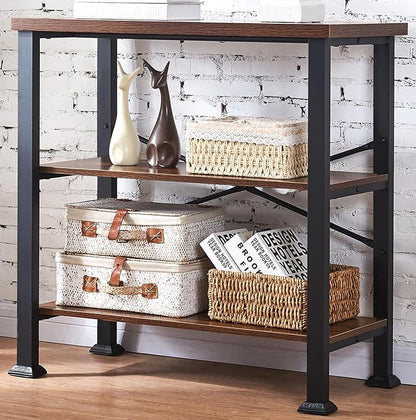 HOMBAZAAR Bookshelf, 3-Tier Vintage Industrial Book Shelf, Rustic Wood and Metal Bookcase and Bookshelves, Free Standing Storage Small Bookshelf for Living Room, Bedroom and Kitchen, Brown