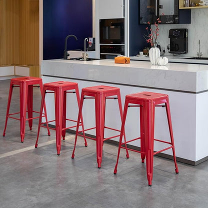 4-pcs 30-inch Backless Metal Bar Stool Stackable Heavy-Duty Counter-Height Chair for Home Bars Patios Kitchen Islands Cafes Restaurants Bistros and Dining Areas for Indoor & Outdoor, Red