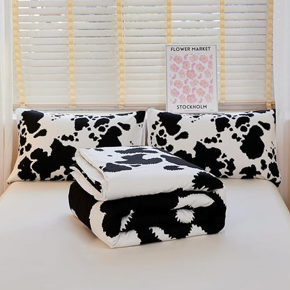 Cow Print Bedding Set Queen,Queen Size Cow Print Comforter Sets,Boys Bedding Set Queen,Black and White Color Comforter,Cow Room Decor