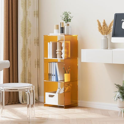 Acrylic Bookcase, 3 Tier Clear Floor Standing Bookshelf, 31.5 inch Tall Display Cube Storage Shelf Home Decor Furniture for Home, Office, Living Room, Bedroom - Transparent Orange