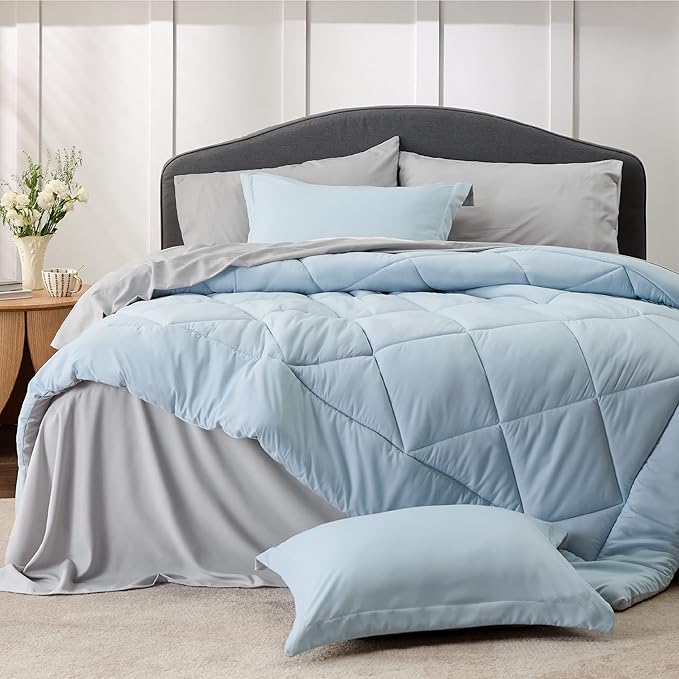 Bedsure Sky Blue Queen Comforter Set - 7 Pieces Reversible Queen Bed in a Bag Queen Bed Set with Comforters, Sheets, Pillowcases & Shams, Queen Bedding Sets