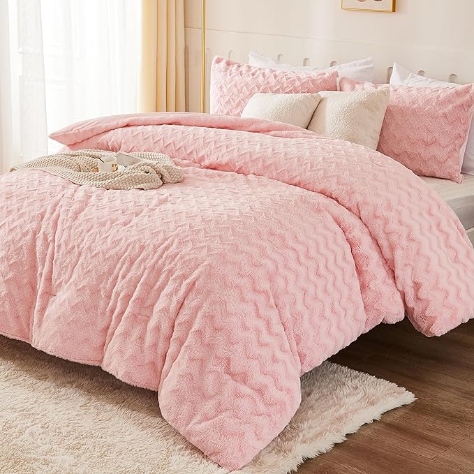 Andency Pink King Size Comforter Set, 3 Pieces Fleece Fuzzy Fluffy Bedding Set, Plush Shaggy Faux Fur Warm Bed Set