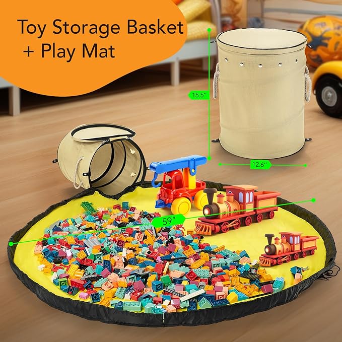 Toy Storage Basket + Play Mat for Kids Toy Chest Organizer Kids Toy Storage Organizer Foldable Big Storage Bins with Lids Large Toy Box for Boys Girls Toy Holders for Kids Rooms Nursery(Beige)