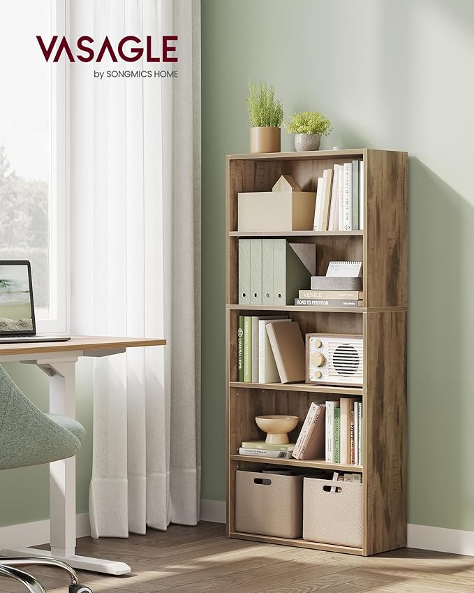 VASAGLE Bookshelf, 23.6 Inches Wide, 5-Tier Open Bookcase with Adjustable Storage Shelves, Floor Standing Unit, Camel Brown ULBC165T50