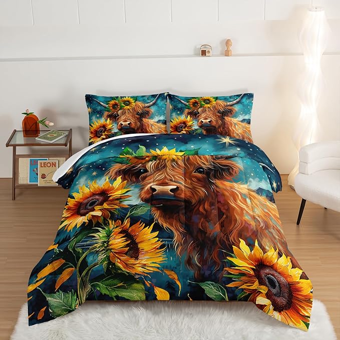 HOSIMA Highland Cow Comforter Set,Western Farmhouse Animals Cow and Sunflower Print Bedding Set 3Pcs with 2 Pillowcases,Galaxy Star Moon Comforter,Floral Comforter Full Size Bed in a Bag Set.