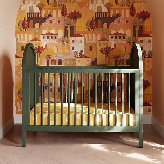 babyletto Bondi Cane 3-in-1 Convertible Crib with Toddler Bed Conversion Kit in Forest Green with Natural Cane, Greenguard Gold Certified