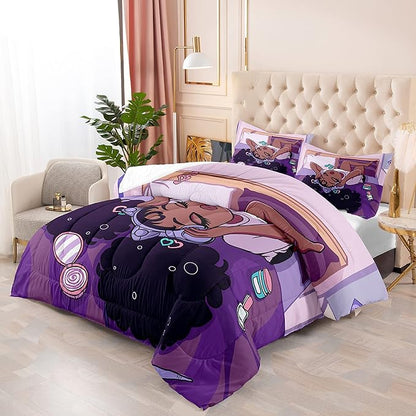 African American Girls Comforter Sets, Pretty Black Girls Love Music Purple Duvet, Fluffy Afro Gilrs Comforter Bedding Set, Queen Size Black Girls Magic Comforter Sets 1 Comforter +2 Pillowcases