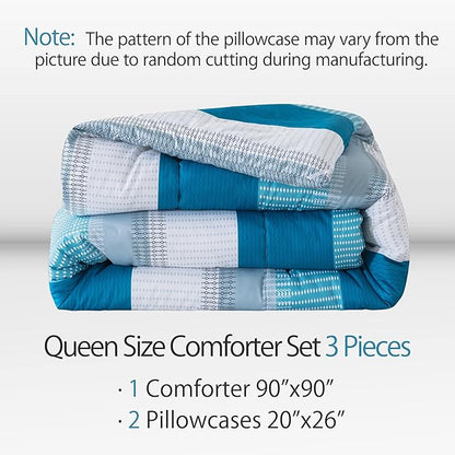 Andency Stripe Comforter Set Queen Size (90x90 Inch), 3 Pieces Teal Patchwork Striped Comforter, Soft Microfiber Down Alternative Comforter Bedding Set with Corner Loops