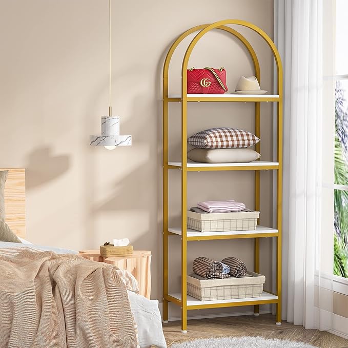 Tribesigns 4-Tier Open Bookshelf, 70.8" Modern Wood Bookcase Storage Shelves with Metal Frame, Freestanding Display Rack Tall Shelving Unit for Office, Bedroom, Living Room (White & Gold, 1PC)
