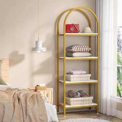 Tribesigns 4-Tier Open Bookshelf, 70.8" Modern Wood Bookcase Storage Shelves with Metal Frame, Freestanding Display Rack Tall Shelving Unit for Office, Bedroom, Living Room (White & Gold, 1PC)