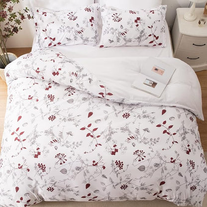 EMME Queen Comforter Set - Red Floral Bedding Set 7 PCS with Flowers Leaves Pattern, Soft Plant Printed Botanical Bed Set with Sheets, Fluffy Bed Bag for All Season(90"X90")