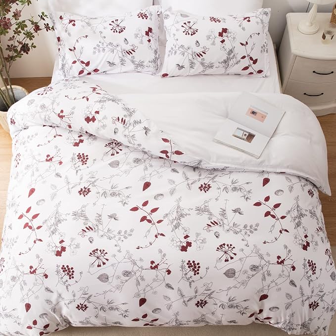 EMME Twin Comforter Set - Red Floral Bedding Set 5 PCS with Flowers Leaves Pattern, Soft Plant Printed Botanical Bed Set with Sheets, Fluffy Bed Bag for All Season(68"X90")