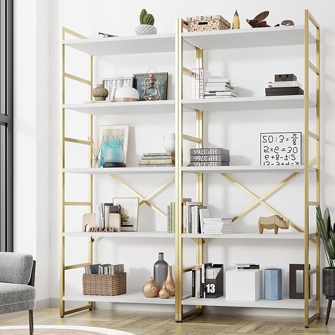 Shintenchi 2 Pieces 5 Tiers Bookshelf, Classically Tall Bookcase Shelf, Industrial Book Rack, Modern Book Holder in Bedroom/Living Room/Home/Office, Storage Rack Shelves for Books/Movies-Gold