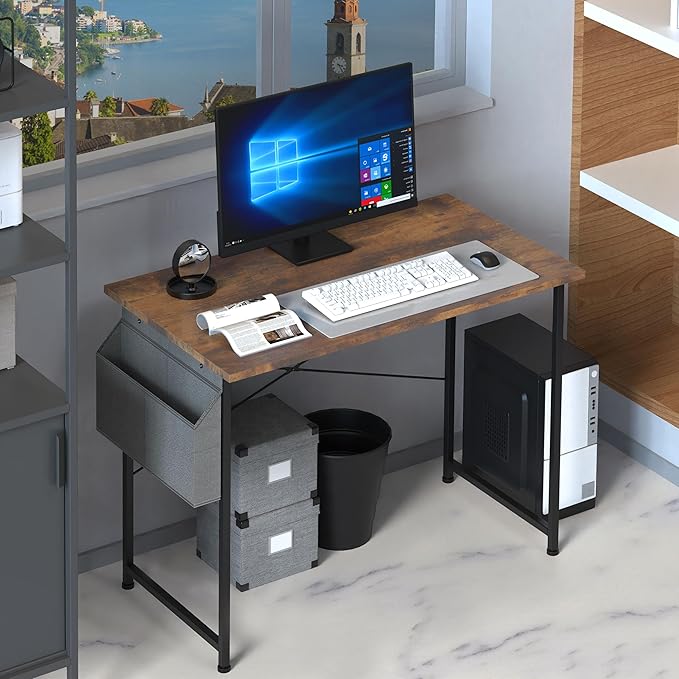 HealSmart Writing Study Worktable for Bedroom Small Desk, Modern Simple Style PC Table with Storage Bag, 47 Inch, Brown-New Version