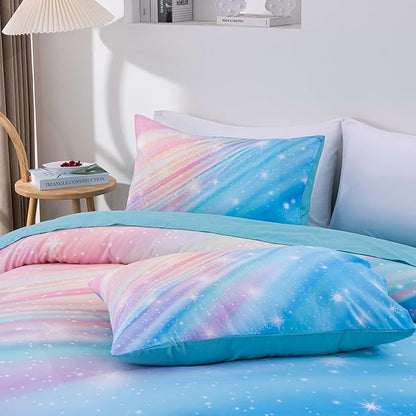 Btargot Super Soft 6 Pieces Gradient Star Ring Comforter Set, Colorful Glitter Rainbow Star Pattern Bedding Set for Boys Girls Teens, Twin Light Blue