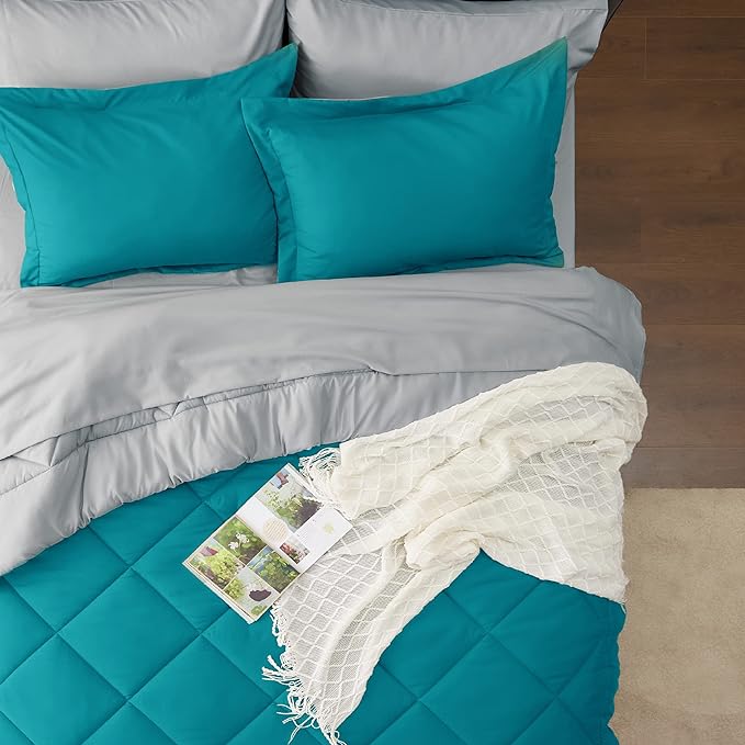 Bedsure Teal Queen Comforter Set - 7 Pieces Reversible Queen Bed in a Bag Queen Bed Set with Comforters, Sheets, Pillowcases & Shams, Queen Bedding Sets