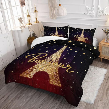 Datura home Kids Comforter Set Eiffel Tower Printed Pattern Bedding Set with 1 Comforter and 2 Pillowcases for Girls Boys Bedroom All Season(Tower Twin)
