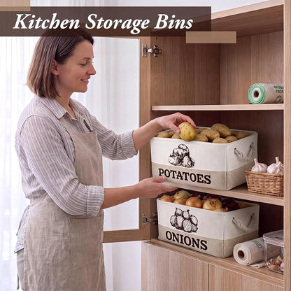 Marsui 2 Pcs Potato and Onion Storage Baskets with Handles, Foldable Kitchen Vegetable Storage Bins, Rustic Countertop Pantry Organizer for Potatoes, Onions, Fruit, Vegetables