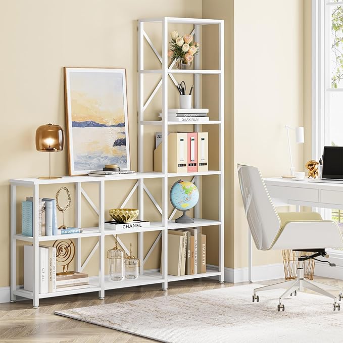 Tribesigns 9 Shelves Bookshelves, Industrial Ladder Corner Etagere Bookcase, Rustic 6-tier Display Open Shelf Storage Organizer for Living Room (White)