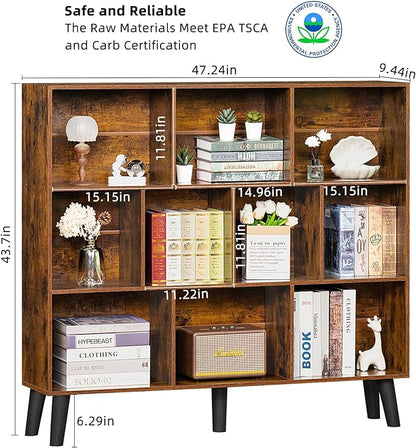 LEYAOYAO 10 Cube Bookshelf,3 Tier Modern Wide Bookcase with Legs,Mid-Century Wood Bookshelves Storage，Brown Large Book Case,Freestanding Organizer Display Shelf for Bedroom,Living Room,Office