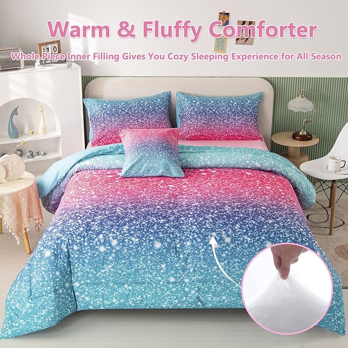PERFEMET Girls Comforter Set Queen Size, 6 Piece Bed in A Bag, Colorful Rainbow Bedding Set with Comforter and Sheet, Gradient Pink Glitter Galaxy Bed Set for Teen Girls Kids Women, Blue Turquoise