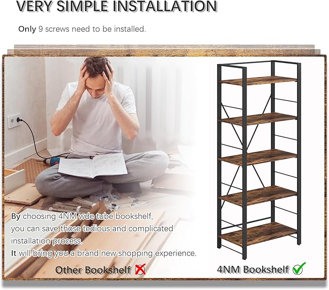 4NM Bookshelf 5 Tier Industrial Bookcase Home Office Adjustable Bookshelves Storage Shelves Organizer Vintage Book Shelf Display Rack for Living Room, Bedroom,Home- Rustic Brown