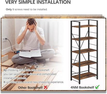4NM Bookshelf 5 Tier Industrial Bookcase Home Office Adjustable Bookshelves Storage Shelves Organizer Vintage Book Shelf Display Rack for Living Room, Bedroom,Home- Rustic Brown