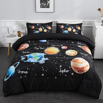Twin Bedding Sets for Boys Girls Solar System Comforter Set Outer Space Bedding Set 3 Pieces 1 Space Comforter Twin and 2 Pillow Cases Kids Ultra-Soft Microfiber All Seasons for Bedroom Sofa