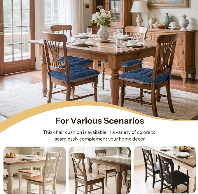 Non Slip Chair Cushions for Dining Chairs Set of 4 Kitchen Chair Cushions 18"x18"x3" Turfted Chair Pads Comfortable and Soft Seat Cushion with Ties, Royal Blue