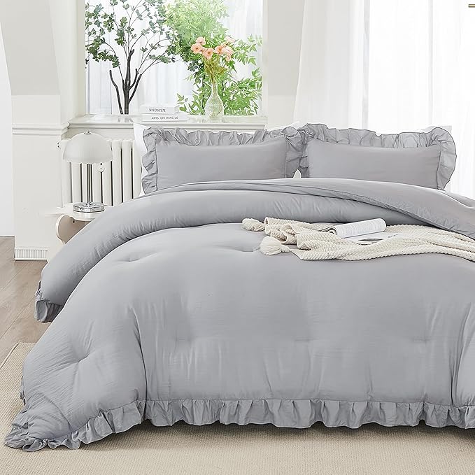 Andency Silver Gray Twin Size Comforter, 2 Pieces Farmhouse Classic Chic Ruffle Comforter for Kids, Lighteweight Soft Microfiber Bedding Set for Girls(1 Ruffle Comforter and 1 Pillowcase)
