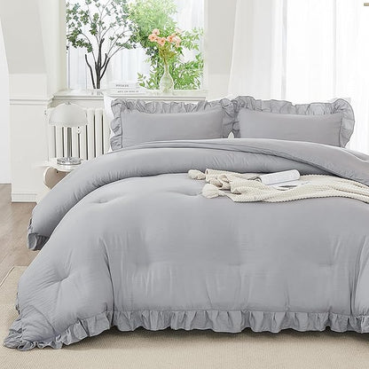 Andency Silver Gray Twin Size Comforter, 2 Pieces Farmhouse Classic Chic Ruffle Comforter for Kids, Lighteweight Soft Microfiber Bedding Set for Girls(1 Ruffle Comforter and 1 Pillowcase)
