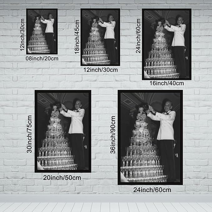 Champagne Tower 1920s, Pouring Over Stacked Glasses Black And White , Alcohol Poster, Bar Cart , Retro Wall Decor Canvas Poster Bedroom Decor Sports Landscape Office Room Decor Gift Black Frame 08x12i